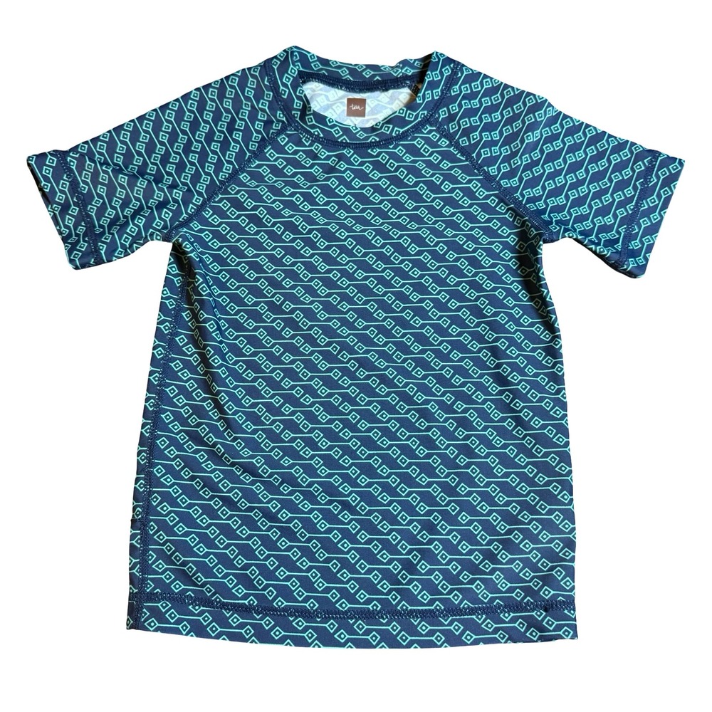 Tea Collection Kids Teal Navy Geometric Diamond Rash Guard Swim Shirt Size‎ 3